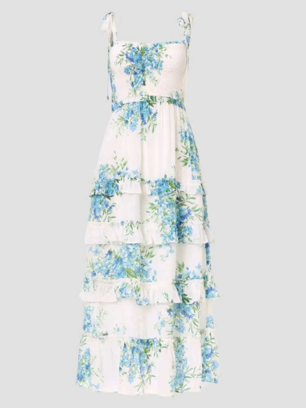 Yumi Kim | Blue and White Tiered Floral Smocked Ruffle Maxina Maxi Dress | (L)